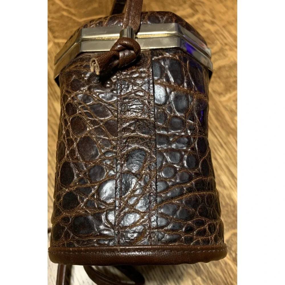 Vintage Made in Italy Exotic‎ Leather Frame Purse Brown Kiss Lock Handbag